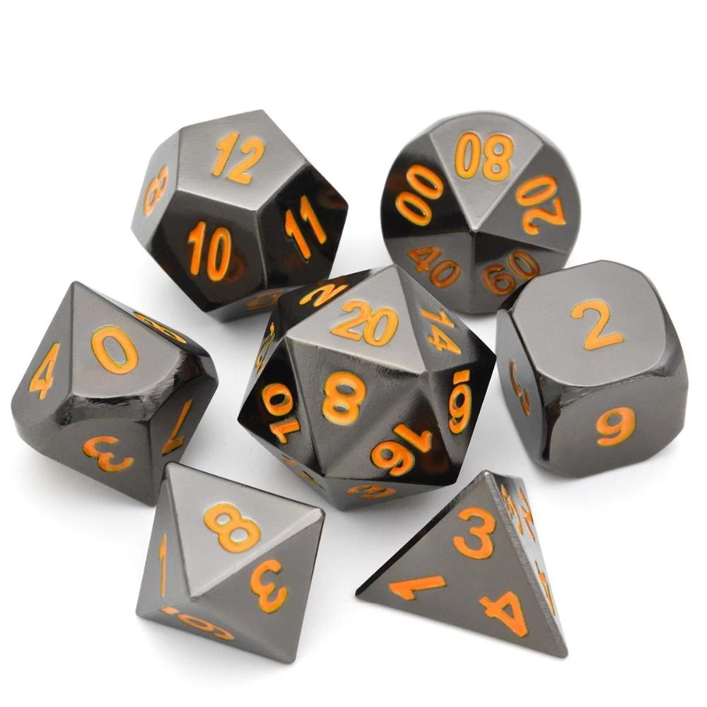 Onyx Chrome Metal Dice Set with Tiger Orange Font 7 piece front view