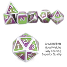 Load image into Gallery viewer, Description of Toxic Dragon Scale Metal Dice Set 7 piece