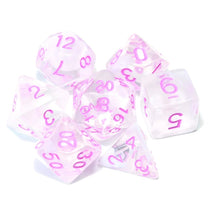 Load image into Gallery viewer, White Cloud Dual Colour Translucent Dice Set with purple font