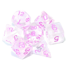 White Cloud Dual Colour Translucent Dice Set with purple font