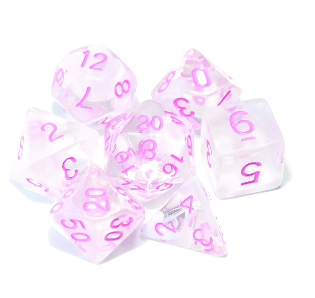 White Cloud Dual Colour Translucent Dice Set with purple font