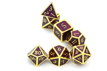 Load image into Gallery viewer, Wine Purple &amp; Gold Metal Dice Set 7 piece randomly stacked