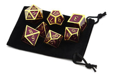 Load image into Gallery viewer, Wine Purple &amp; Gold Metal Dice Set 7 piece with black dice bag