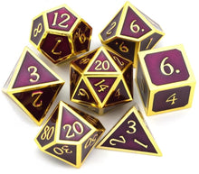 Load image into Gallery viewer, Wine Purple &amp; Gold Metal Dice Set 7 piece front view