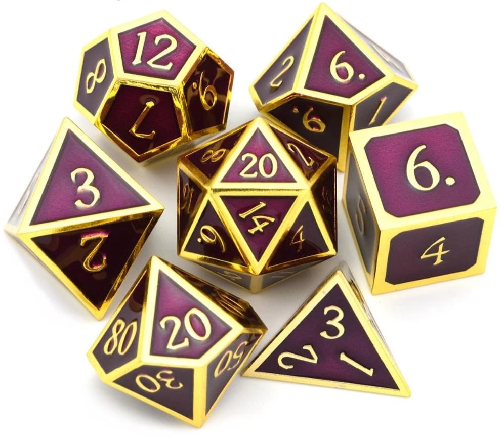 Wine Purple & Gold Metal Dice Set 7 piece front view