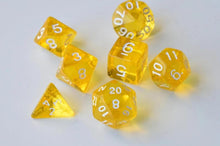 Load image into Gallery viewer, Yellow Single Colour Translucent Dice Set with White Font