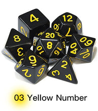 Load image into Gallery viewer, Black Opaque Dice Set with Yellow Font