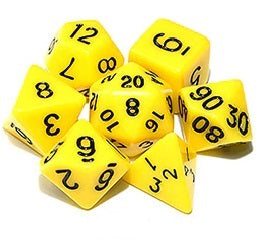 Yellow opaque dice set with Black font