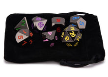 Load image into Gallery viewer, kaleidoscopic Onyx Chrome Metal Dice Set with multi coloured font 7 Piece with black dice bag