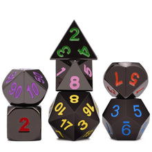 Load image into Gallery viewer, kaleidoscopic Onyx Chrome Metal Dice Set with multi coloured font 7 Piece front view