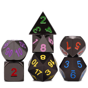 kaleidoscopic Onyx Chrome Metal Dice Set with multi coloured font 7 Piece front view