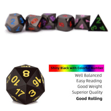 Load image into Gallery viewer, Description of kaleidoscopic Onyx Chrome Metal Dice Set with multi coloured font 7 Pieces