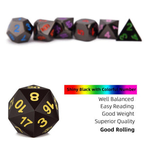 Description of kaleidoscopic Onyx Chrome Metal Dice Set with multi coloured font 7 Pieces