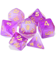 Load image into Gallery viewer, Purple White Dual Colour Translucent Dice Set with yellow font