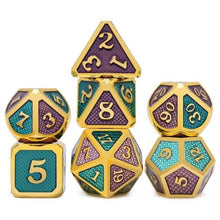 Load image into Gallery viewer, Purple, Green and Gold dragon scale Metal dice set