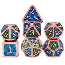 Load image into Gallery viewer, Blue, Green and Bronze dragon scale Metal dice set