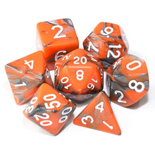 Load image into Gallery viewer, Orange and Silver marble dice set | 7 Piece