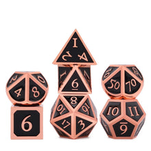 Load image into Gallery viewer, Shiny Black and Bronze Metal Dice Set with Italic Font. 7 Pieces