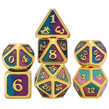 Load image into Gallery viewer, Dual Colour Green, purple and Gold dragon scale Metal dice set