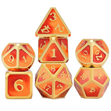 Load image into Gallery viewer, Orange and Red Flaming dragon scale Metal dice set