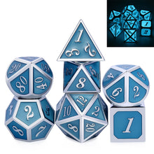 Load image into Gallery viewer, Enchanted Blue Metal Dice Set in the light | 7 piece