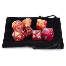 Load image into Gallery viewer, orange and red CG4 Nebula Dice Set for Dungeons and Dragons 7 pieces with black dice bag