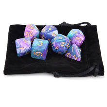 Load image into Gallery viewer, Purple and Blue Orion Nebula Dice Set for Dungeons and Dragons 7 pieces with black dice bag