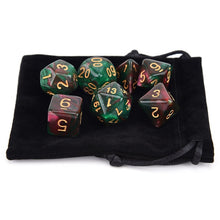 Load image into Gallery viewer, Green and Red Messier 17 Nebula Dice Set for Dungeons and Dragons 7 pieces with black dice bag