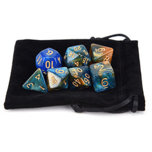 Load image into Gallery viewer, blue, yellow and green Helix Nebula Dice Set for Dungeons and Dragons 7 pieces with black dice pouch