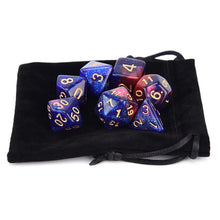 Load image into Gallery viewer, blue and red Christmas Tree Cluster Nebula Dice Set for Dungeons and Dragons 7 pieces with black dice bag