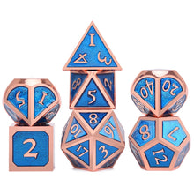 Load image into Gallery viewer, Frost Blue and Bronze Enamel Metal Dice Set 7 Piece