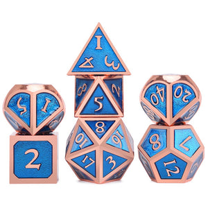 Frost Blue and Bronze Enamel Metal Dice Set 7 Piece