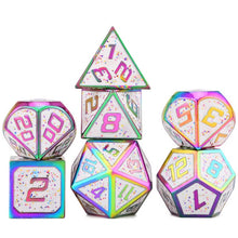 Load image into Gallery viewer, Sprinkle Doughnuts - Sparkly White and Rainbow Metal Dice Set 7 Piece