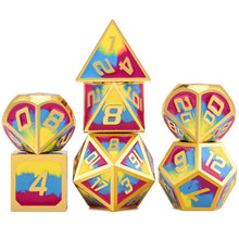 Load image into Gallery viewer, Primary Colours - Swirly Blue, Yellow and Red Metal Dice Set 7 Piece