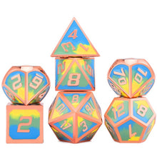 Load image into Gallery viewer, Summertime Shine - Graffiti colour Blue, Green and Yellow Metal Dice Set 7 Piece