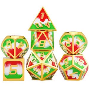 Graffiti Blu - Graffiti style Red, Green and White Swirl Metal Dice Set 7 Piece