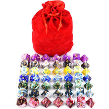 Load image into Gallery viewer, 49 pieces of Marble RPG Dice Bundle with purple red dice bag