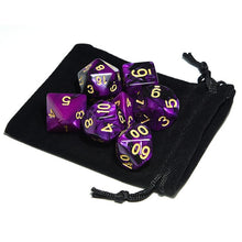 Load image into Gallery viewer, Purple and Black Marble Dice Set B with dice pouch