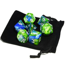 Load image into Gallery viewer, Green and Blue Marble Dice Set B with dice pouch