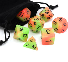 Load image into Gallery viewer, Yellow and Orange dual colour glow in the dark dice set 7 piece with dice bag