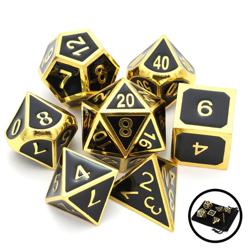 Polished Black & Gold Metal Enamel Dice Set | 7 piece