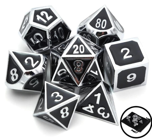 Polished Black and Silver Metal Dice Set | 7 Piece