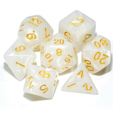 Load image into Gallery viewer, Ivory Swirl Pearl Dice Set with Gold Font