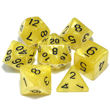 Load image into Gallery viewer, Bumble Bee Swirl Pearl Dice Set with Black Font