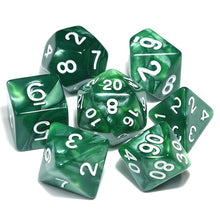 Load image into Gallery viewer, Emerald Swirl Pearl Dice Set with White Font