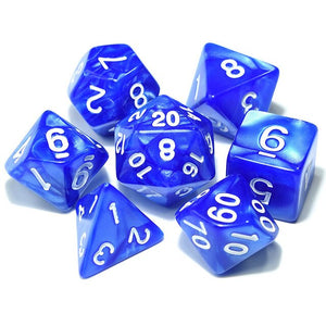 Sapphire Swirl Pearl Dice Set with White Font