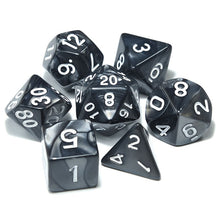 Load image into Gallery viewer, Obsidian Swirl Pearl Dice Set with White Font