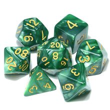 Load image into Gallery viewer, Emerald Swirl Pearl Dice Set with Gold Font