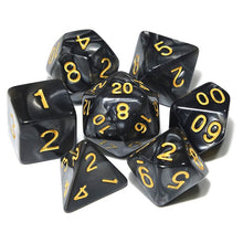 Load image into Gallery viewer, Obsidian Swirl Pearl Dice Set with Gold Font