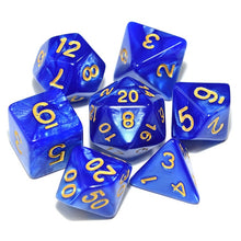 Load image into Gallery viewer, Sapphire Swirl Pearl Dice Set with Gold Font